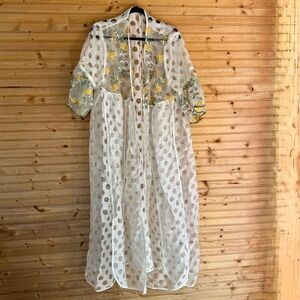 SHEIN Curve Kimono Sheer White Polka Dots, Yellow Green Embroidered Flowers 3XL